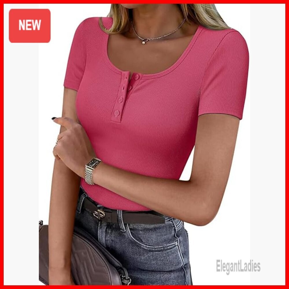 Short Sleeve Ribbed Henley Top Scoop Neck Fitted Tee Summer Basic